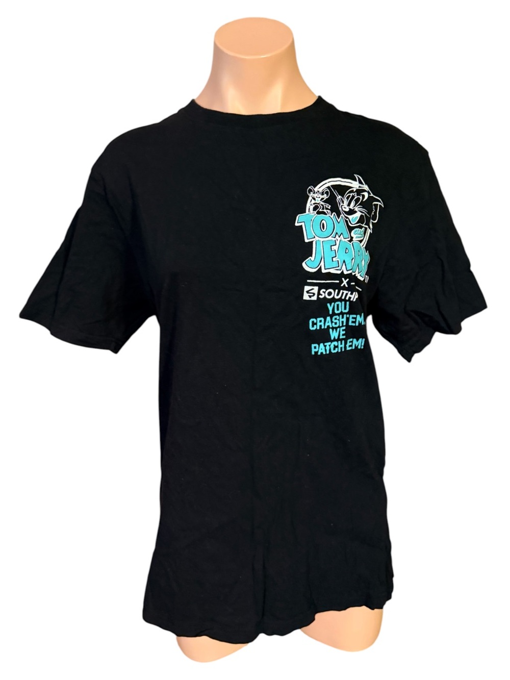 Tom & Jerry x SouthPole Mens Medium Shirt Black Graphic T-Shirt Auto Repair Car
